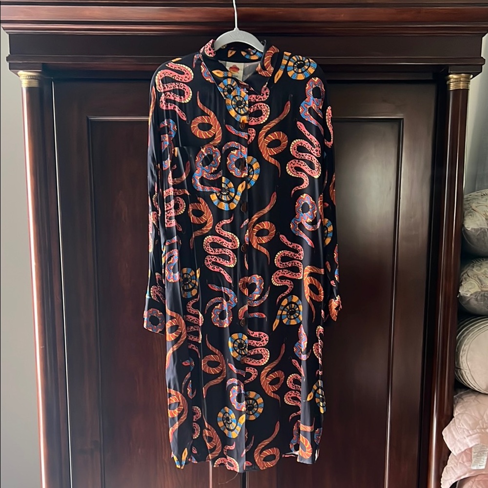 FARM Rio Orange Bishop Sleeve Mock Neck Dress